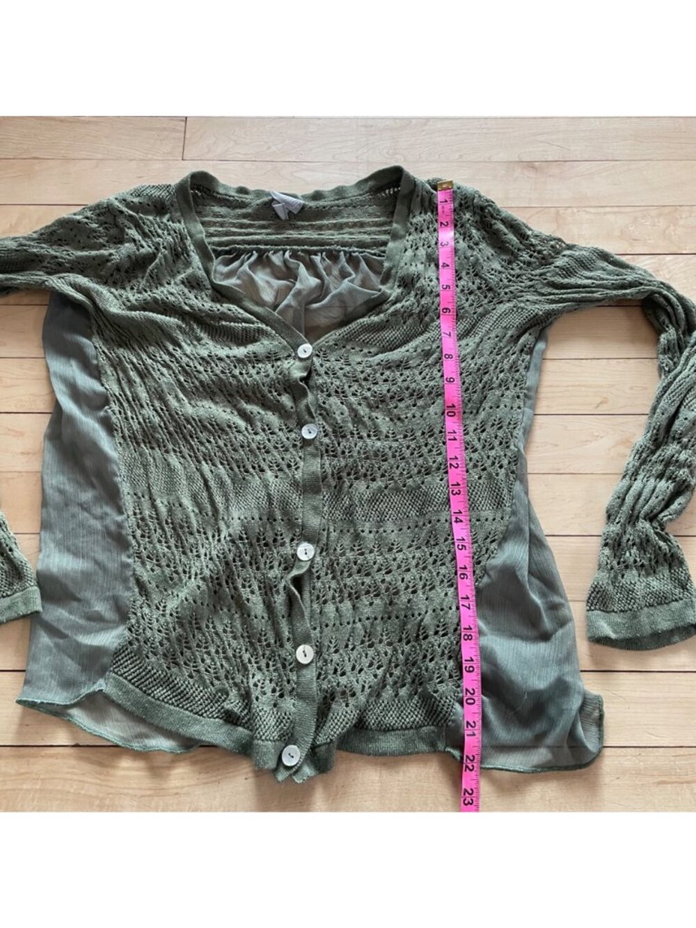 Vintage Vanity Boho Pointelle Knit Cardigan XL Sheer Cottagecore Green Indie - Picture 2 of 5